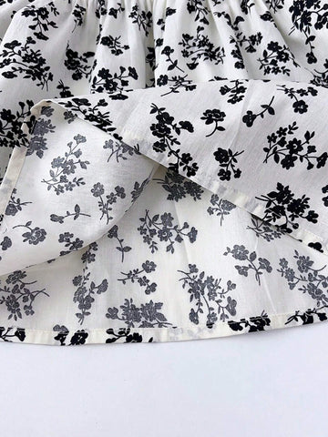 Young Girl's Black Ditsy Floral Ruffled Trim Long Sleeve Top