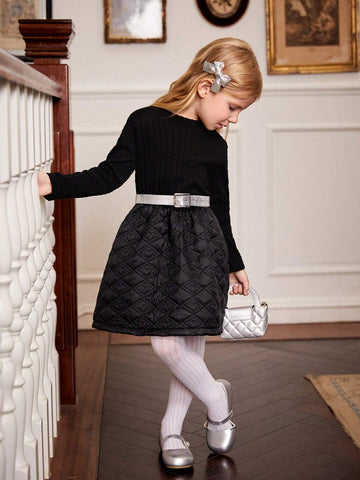 Young Girls Black Knit Quilted Dress