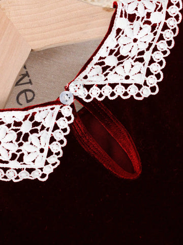 Young Girls Burgundy Long Sleeve Ruffle Collar Velvet Long Dress, Casual Everyday Wear, Autumn/Winter