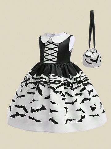 Young Girls Black & White Contrast Bat Pattern Halloween Party Princess Dress