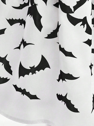 Young Girls Black & White Contrast Bat Pattern Halloween Party Princess Dress