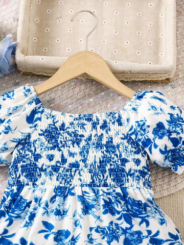 Young Girls' Blue Floral Off-Shoulder Bubble Sleeve Dress