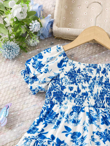 Young Girls' Blue Floral Off-Shoulder Bubble Sleeve Dress