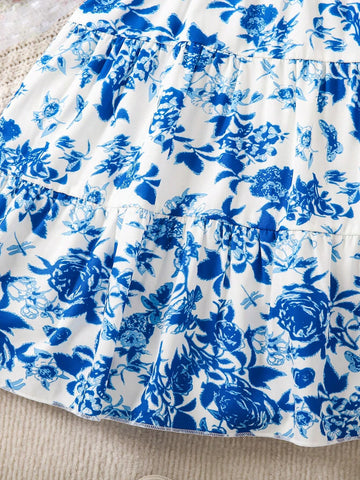 Young Girls' Blue Floral Off-Shoulder Bubble Sleeve Dress