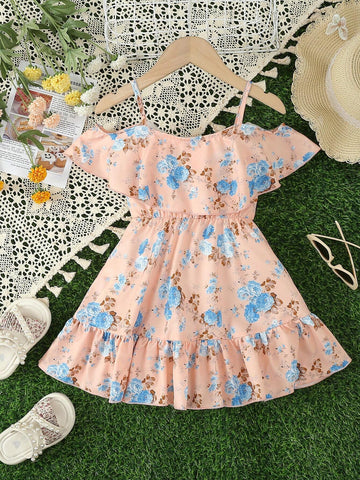 Young Girls' Blue Floral Print Holiday And Casual Dress