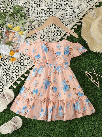 Young Girls' Blue Floral Print Holiday And Casual Dress