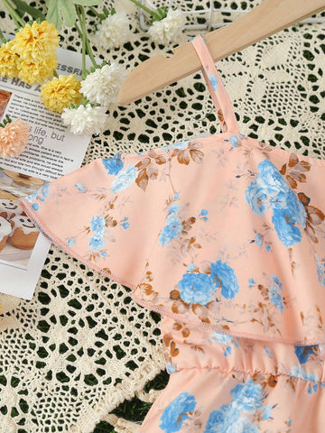 Young Girls' Blue Floral Print Holiday And Casual Dress