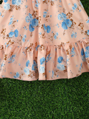 Young Girls' Blue Floral Print Holiday And Casual Dress