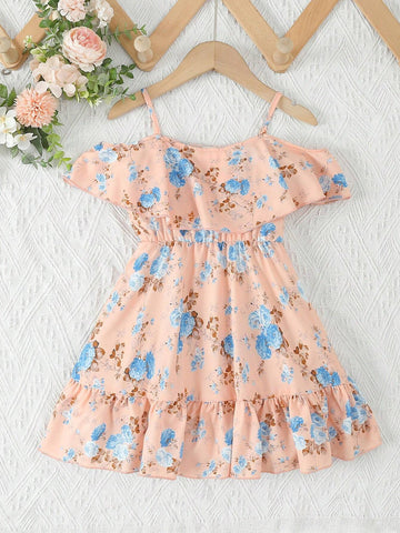 Young Girls' Blue Floral Print Holiday And Casual Dress