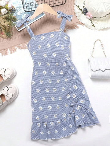 Young Girl's Blue Strappy Bodycon Casual Dress For Family Matching Outfits (4 Pieces Sold Separately)