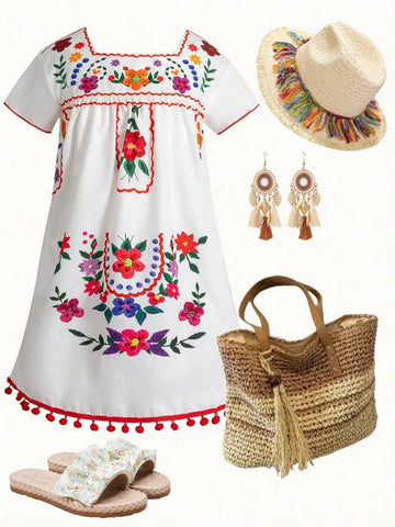 Young Girls Bohemian Style Colorful Floral Embroidery Pompom Hem Dress For Summer Holiday