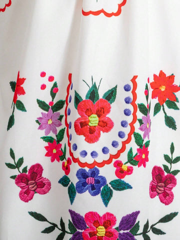 Young Girls Bohemian Style Colorful Floral Embroidery Pompom Hem Dress For Summer Holiday