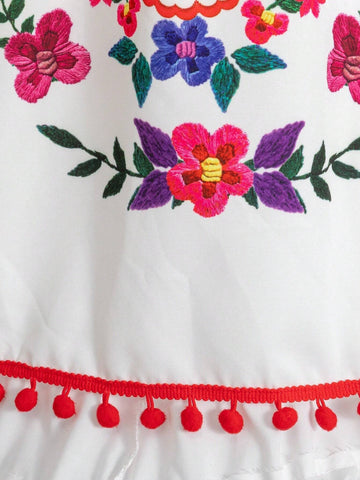 Young Girls Bohemian Style Colorful Floral Embroidery Pompom Hem Dress For Summer Holiday