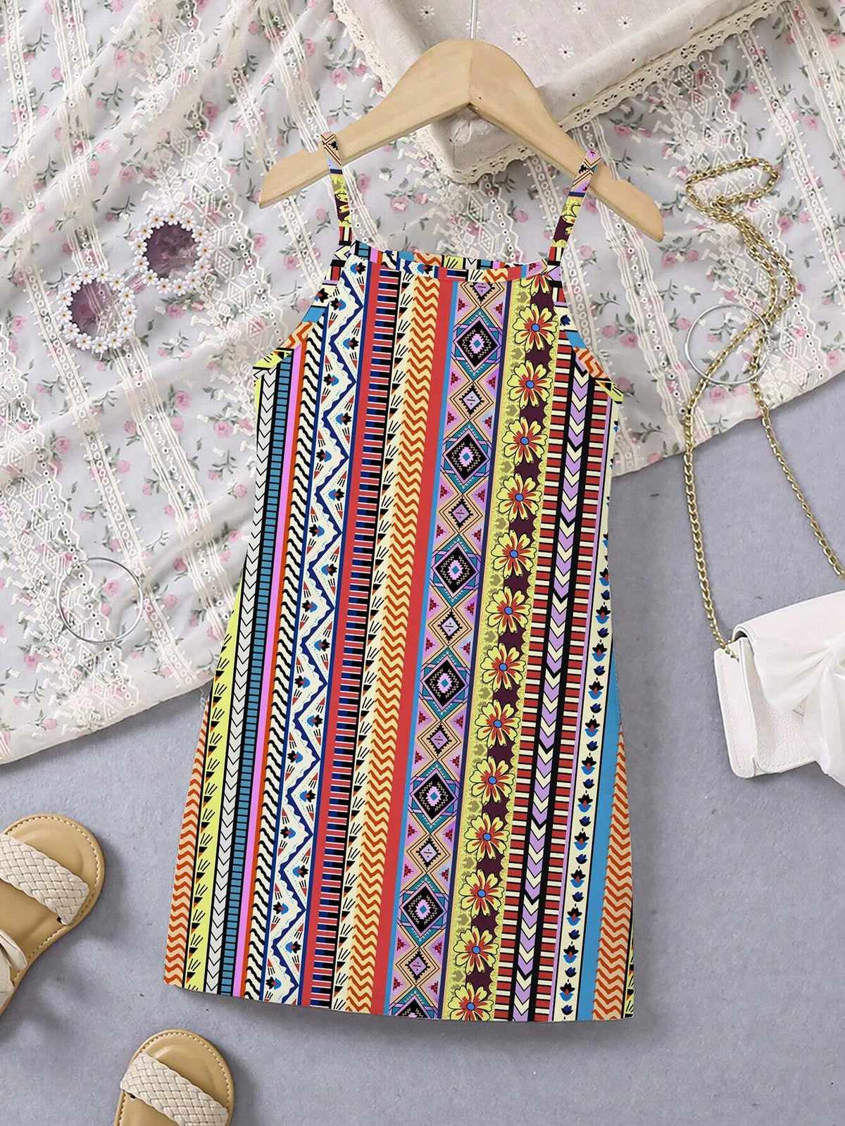 Young Girl's Bohemian Style Music Festival Beach Party Spaghetti Strap Dress For Vacation