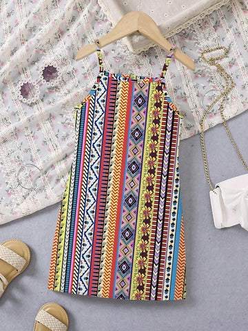 Young Girl's Bohemian Style Music Festival Beach Party Spaghetti Strap Dress For Vacation