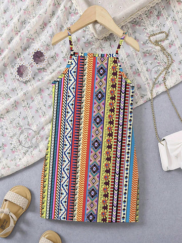 Young Girl's Bohemian Style Music Festival Beach Party Spaghetti Strap Dress For Vacation