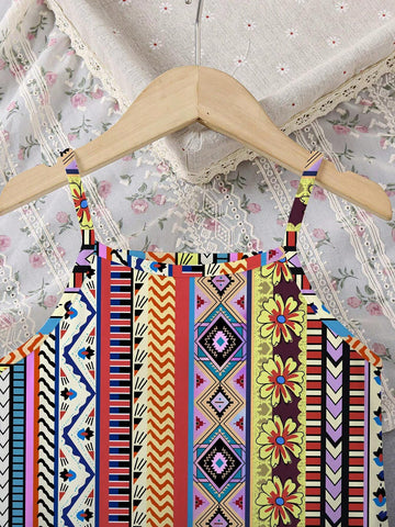 Young Girl's Bohemian Style Music Festival Beach Party Spaghetti Strap Dress For Vacation