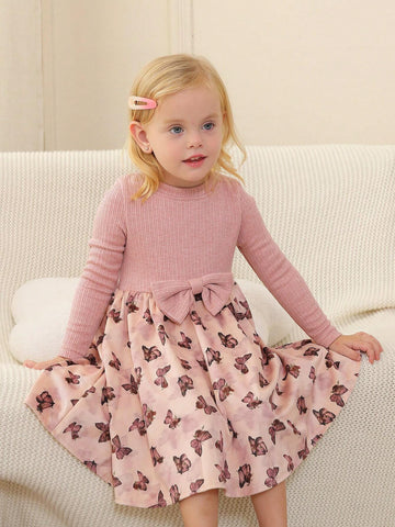 Young Girls Bow Decor Butterfly Print Long Sleeve Dress