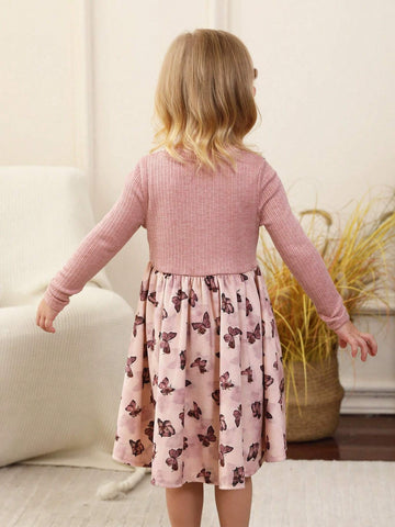 Young Girls Bow Decor Butterfly Print Long Sleeve Dress