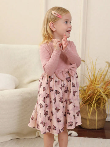 Young Girls Bow Decor Butterfly Print Long Sleeve Dress
