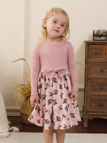 Young Girls Bow Decor Butterfly Print Long Sleeve Dress