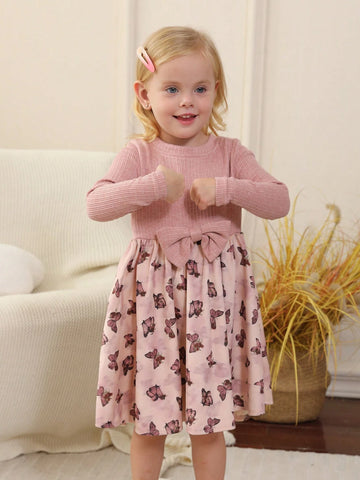 Young Girls Bow Decor Butterfly Print Long Sleeve Dress