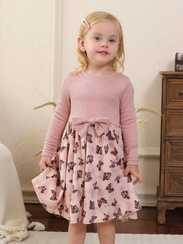 Young Girls Bow Decor Butterfly Print Long Sleeve Dress