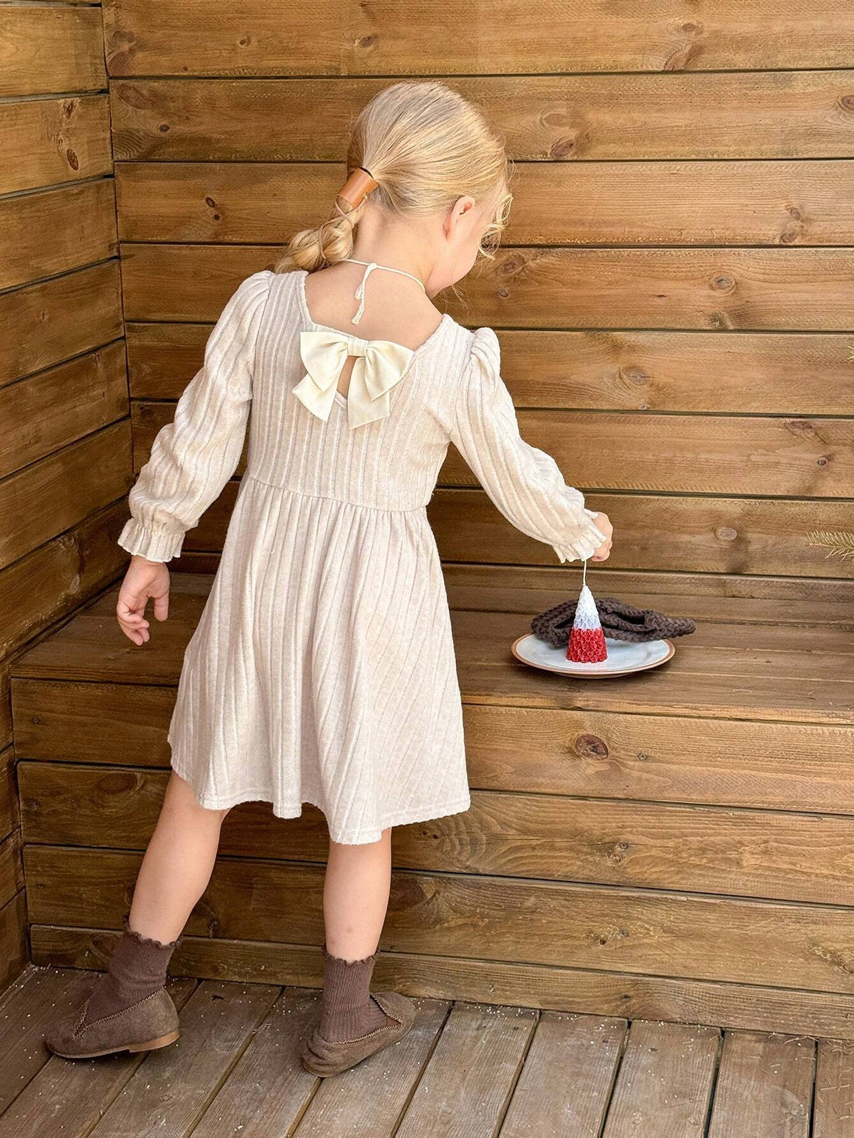 Young Girls' Bow Decor Puff Sleeve Knitted Dress, Casual Daily Wear