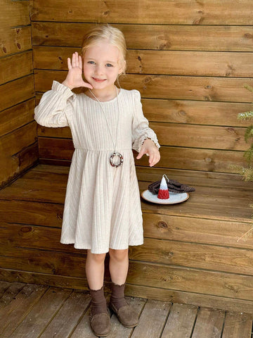 Young Girls' Bow Decor Puff Sleeve Knitted Dress, Casual Daily Wear