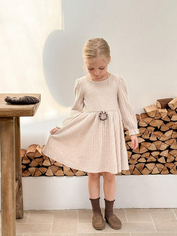 Young Girls' Bow Decor Puff Sleeve Knitted Dress, Casual Daily Wear