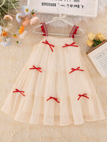 Young Girls Bowknot Spaghetti Strap Dress, Summer