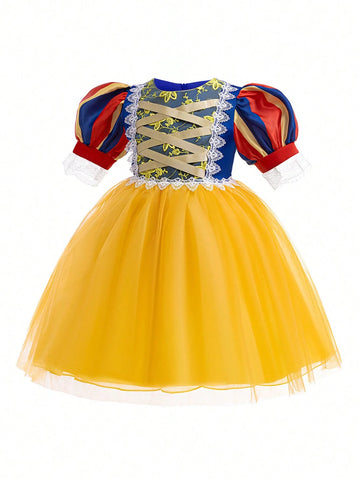 Young Girls' Bubble-Sleeved Mesh Glitter Princess Dress With Cape, Suitable For Cosplay Parties