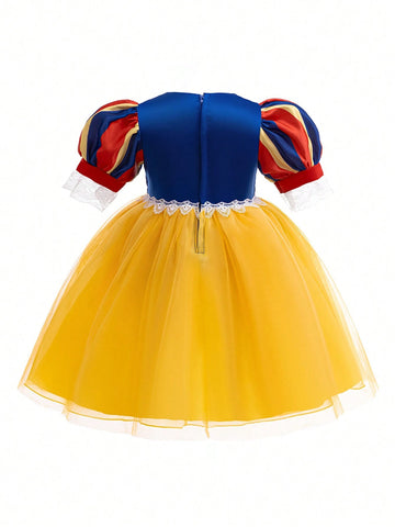 Young Girls' Bubble-Sleeved Mesh Glitter Princess Dress With Cape, Suitable For Cosplay Parties