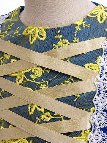 Young Girls' Bubble-Sleeved Mesh Glitter Princess Dress With Cape, Suitable For Cosplay Parties