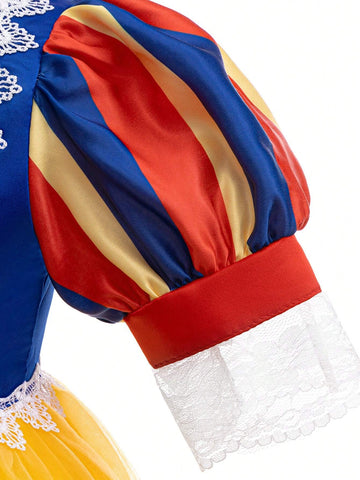 Young Girls' Bubble-Sleeved Mesh Glitter Princess Dress With Cape, Suitable For Cosplay Parties