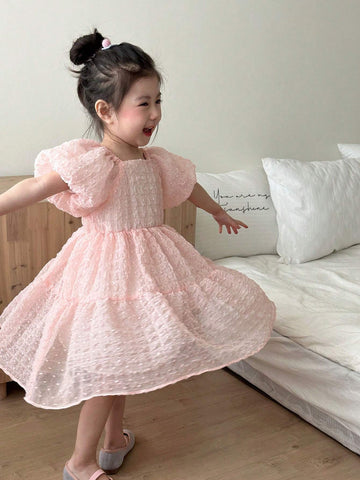 Young Girl's Bubble Sleeve Square Neckline Textured Dress