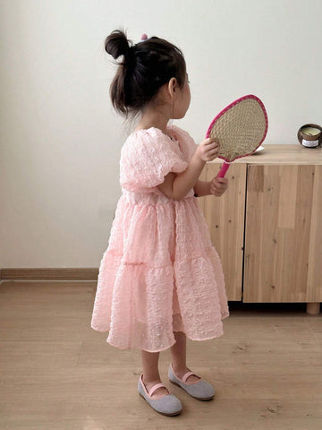 Young Girl's Bubble Sleeve Square Neckline Textured Dress