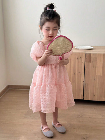 Young Girl's Bubble Sleeve Square Neckline Textured Dress