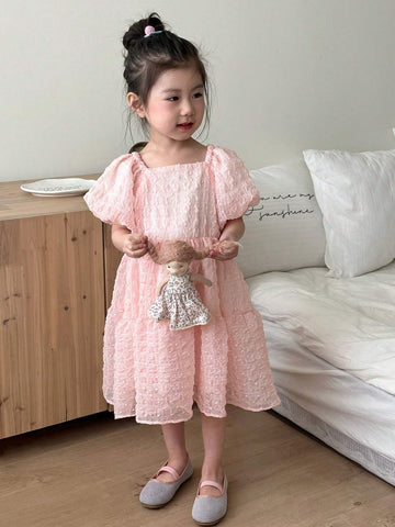 Young Girl's Bubble Sleeve Square Neckline Textured Dress