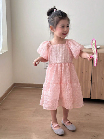 Young Girl's Bubble Sleeve Square Neckline Textured Dress