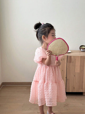 Young Girl's Bubble Sleeve Square Neckline Textured Dress