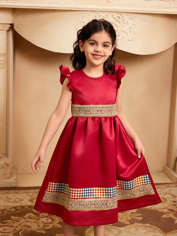 Young Girls' Burgundy Ruffled Sleeve Vintage Dress With Flared Dress And Matching Large Tote Bag