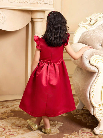 Young Girls' Burgundy Ruffled Sleeve Vintage Dress With Flared Dress And Matching Large Tote Bag