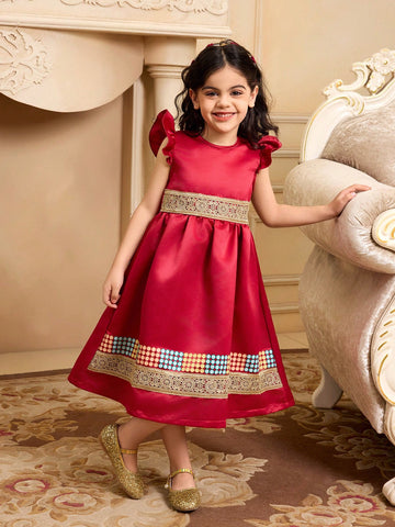 Young Girls' Burgundy Ruffled Sleeve Vintage Dress With Flared Dress And Matching Large Tote Bag