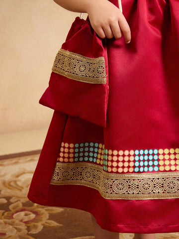 Young Girls' Burgundy Ruffled Sleeve Vintage Dress With Flared Dress And Matching Large Tote Bag