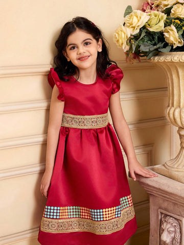 Young Girls' Burgundy Ruffled Sleeve Vintage Dress With Flared Dress And Matching Large Tote Bag