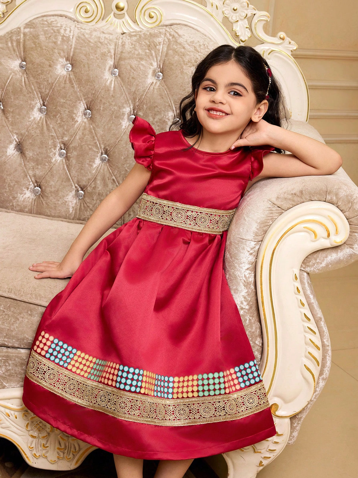 Young Girls' Burgundy Ruffled Sleeve Vintage Dress With Flared Dress And Matching Large Tote Bag