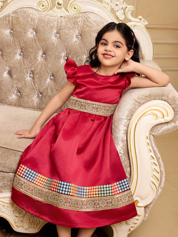 Young Girls' Burgundy Ruffled Sleeve Vintage Dress With Flared Dress And Matching Large Tote Bag