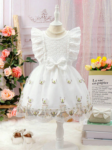 Young Girl's Butterfly Embroidery Mesh Tulle Dress With Ruffled Hem