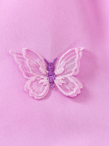 Young Girl's Butterfly Patch Button Front Puff Sleeve Dress